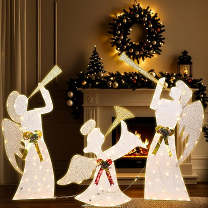 Christmas Outdoor Decorations Lighted Angel Family Set of 3 Christmas Warm Lights Outside Decor 5FT Angel with Trumpet, Outdoor Holiday Decorations for Home, Yard, Garden, Party