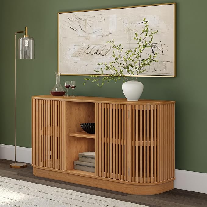 Plank+Beam Contour Wood TV Stand, Two Door Solid Wood Entertainment Console with Storage, 59" L x 16" W x 30" H, Pecan