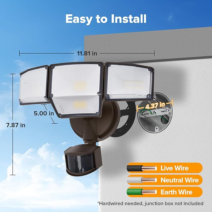 LUTEC 80W 9000LM LED Security Lights Hardwire Motion Sensor Outdoor Lights, 4 Head LED Flood Light Outdoor 5000K Daylight, IP65 Waterproof, Motion Detected Light for Outside, Garage, Yard (Brown)