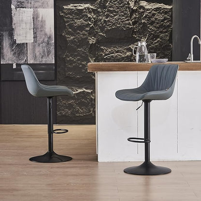 YOUNIKE Bar Stools Set of 2 for Kitchen Island, Greyblue Swivel Tall Barstools, Adjustable Bar Stool with Back, Leather Padded Bar Chairs, Modern Counter Height Stools with 300LBS Support