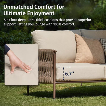 EAST OAK 4-Piece Patio Furniture Set | Life Chatter Outdoor Furniture | Coffee Table & Deep Seating Conversation Set with Thick Cushions | Porch, Balcony & Backyard | Chestnut & Apricot