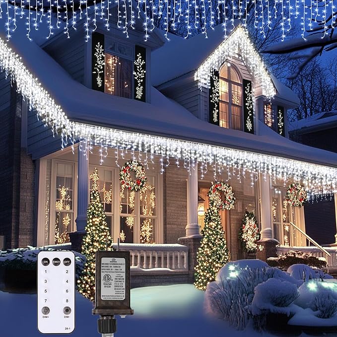 Icicle Christmas Lights Outdoor,520 LED 49.2FT 8 Modes with 80 Drops Cool White Icicle Lights,Remote Control Outdoor Indoor Fairy String Lights for Christmas Party,Holiday Decorations