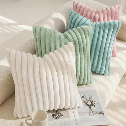 decorUhome Summer Cozy Faux Fur Throw Pillow Covers 24x24 Set of 2 Decorative Soft Plush Striped Modern Farmhouse Boho Couch Euro Sham Pillow Cases with Velvet Back for Sofa Bed Living Room, Aqua
