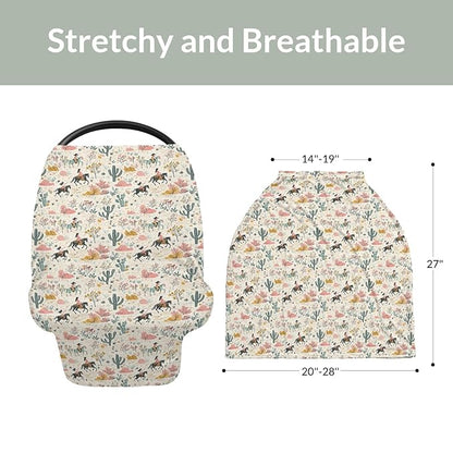 Vintage Western Cowgirl Baby Car Seat Covers Retro Cowgirl Horse Cactus Stretchy 5-in-1 Cover Adjustable Infant Carseat Canopy Cover Wild Desert Country Breathable Nursing Cover-Up