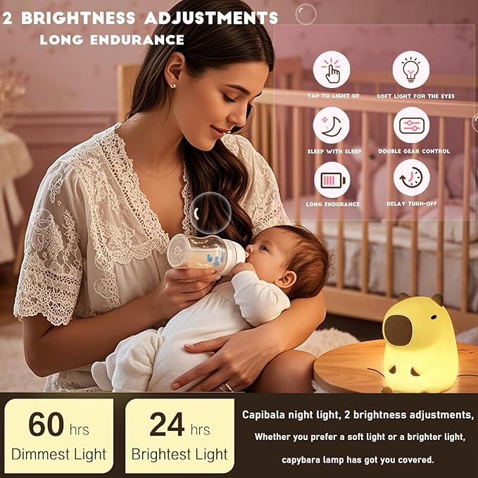 Cute Capybara Night Light,LED Squishy Animal Night Lamp,Soft Silicone Novelty Nightlight,Kids Funny Capybara Lamp Gifts,2 Level Dimmable Boys Girls Light Up Room Décor Rechargeable Touch Lamp