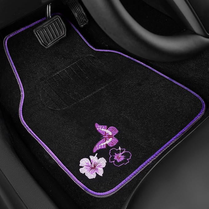 CAR PASS Embroidery Butterfly and Flower Car Floor Mats, Purple Car Floor Mats, Universal Fit 95% Automotive,SUVS,Sedan,Vans,for Women,Girly,Set of 4(Black with Purple)