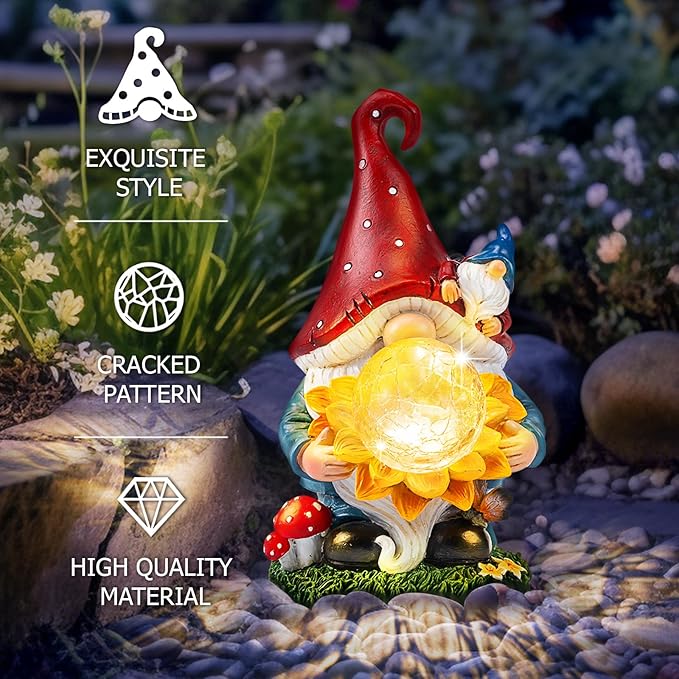 Solar Gnomes Garden Decor Outdoor Statues, Gnomes Gardening Gifts for Women Mom, Gnomes Decorations for Yard with Sunflower Decor Solar Lights for Outside, Patio, Lawn, Porch Decor