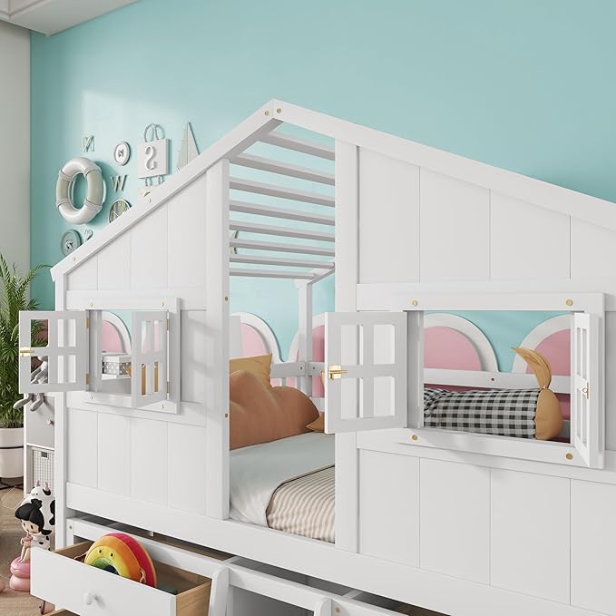 KEIKI Full Size Wooden House-Shaped Loft Bed with Roof, Windows, 4 Storage Drawers, Guardrail, Ladder, for Boys and Girls, Loft Bed with Slat, Easy Assembly, No Box Spring Required, for Bedroom, White