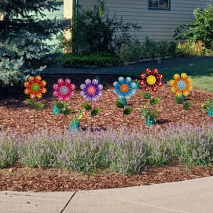 Metal Garden Flower Stakes, 16.5 Inch Decorative Outdoor Stakes with Colorful Flower Heads, 6 Pack Garden Yard Art Decor