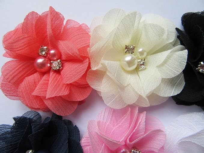 Baby Girls Chiffon Flower Hair Clips with Rhinestones and Pearl,YYCRAFT 24 pcs Party Wedding 2" Hair Accessory for Kids Toddler Infant Girls(12 colors)