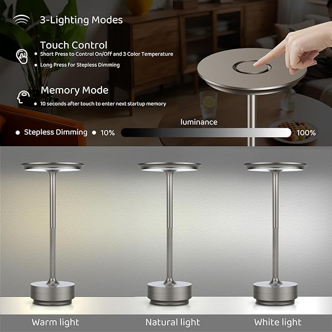 UdoUto 2-Pack Cordless Table Lamps Rechargeable - 5000mAh Battery Operated LED Table Light with Touch Stepless Dimming - Portable Silver Metal Outdoor Lamps for Patio, Restaurant, Dining