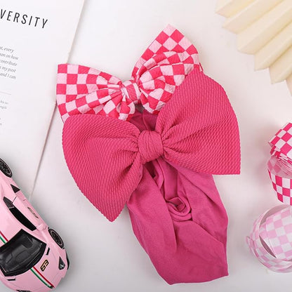 YanJie 2PCS 6’’ Hot Pink Bows for Baby Girls Checkered Headband Pink Bow Infants Toddler Hair Accessories Newborn Headbands Hair Bow Baby Clothes