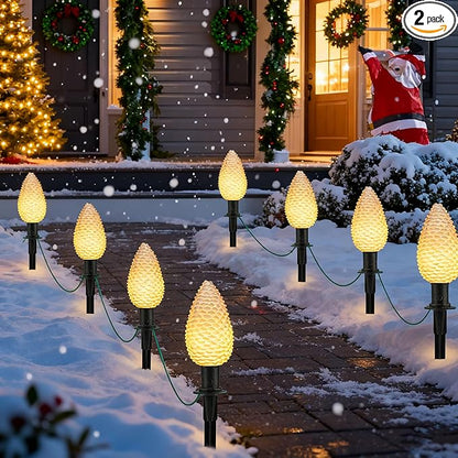 Abeja C9 Christmas Pathway String Lights, 14Ft LED Pinecone Pathway Stakes with 8 Pine Cone Lights, Christmas Lights Outdoor Yard Decorations for Walkway & Driveway Use-2 Sets