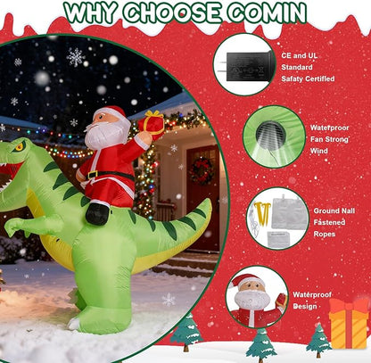 8.7x8FT Christmas Inflatable Santa Claus Ride on Dinosaur, Christmas Inflatables Santa Outdoor Decoration with LED Lights, Inflatable Christmas Decorations Xmas Party Decor