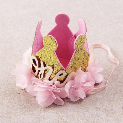 Nishine Gold Glitter Crown Headband Pink Flower Crown Tiara Hairband for Baby Birthday Party Supplies Photo Props (Chiffon&One)