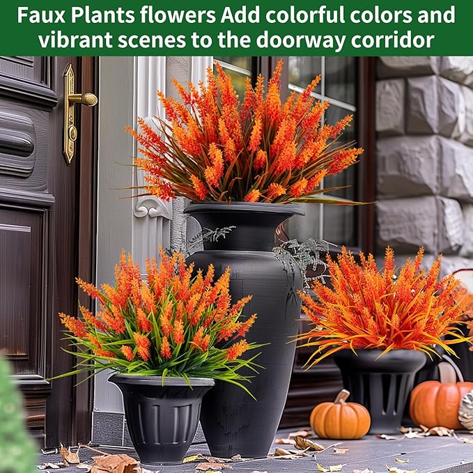 Artificial Flowers for Outdoor Plants 24 Bundles Fake Lavender Plastic Faux Monkey Grass for Verandah Window Garden Office Patio Front Porch UV Resistant for Planter(Orange)