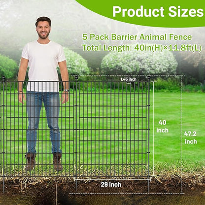 5 Panels No Dig Decorative Outdoor Garden Fence for Yard, 40 in(H) X 11.8 ft(L) Animal Barrier Fencing Rustproof Metal Wire Panel Border for Dog, Rabbits, and Patio Temporary Ground Stakes