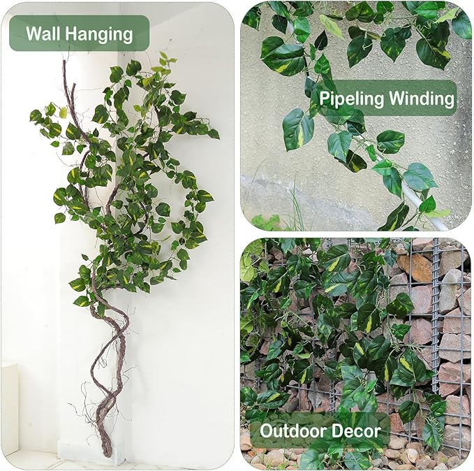 2Pack 14Ft Flame Retardant Artificial Ivy Scindapsus Leaves Bendable Fake Green Plants Vines Ivy Garland Wreath Silk Hanging Rattan Bedroom Wedding Party Garden Wall Table Front Door Ceiling Decor