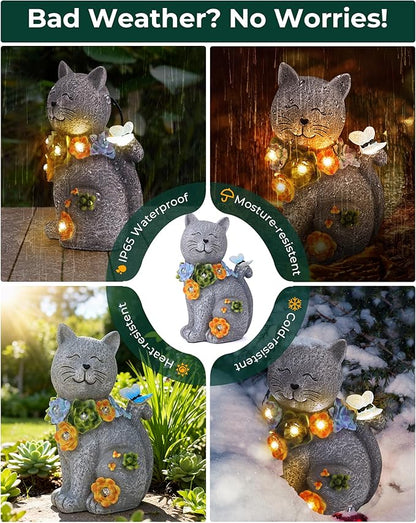 Solar Garden Statues Outdoor Decor, 6 LED Cat Flowers Butterfly Figurine Lights, Waterproof for Balcony Patio Porch Lawn Yard Ornament Art - Gift Ideas for Housewarming Gardening Grandma Women
