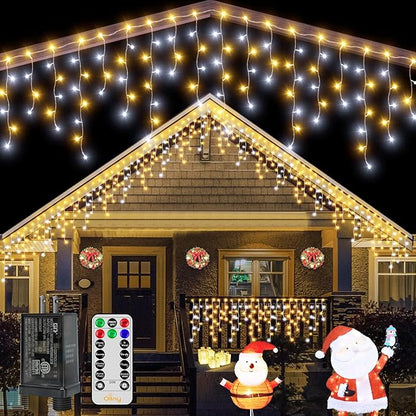 Ollny Icicle Lights for Outside 504LED 41FT, Warm and Cool White Christmas Light with Remote 8Modes Timers Waterproof, Plug in Connectable Hanging Lights for Outdoor Indoor House Roof Holiday