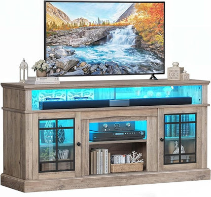 YITAHOME Modern TV Stand for 75 Inch TV, LED Entertainment Center with Adjustable Shelves and Glass Doors, 32'' Tall Television Stands TV Media Console Table for Living Room, Pine Grey