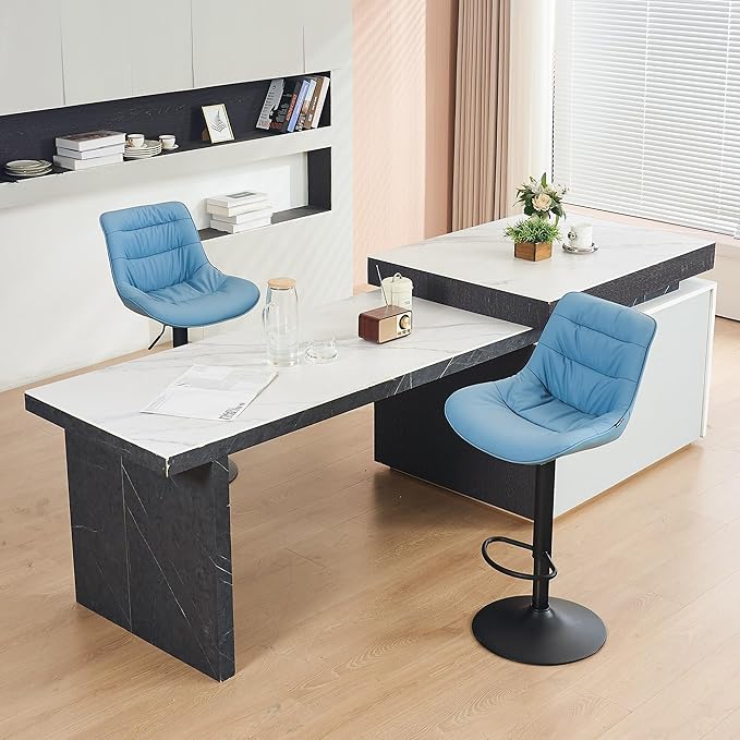 Kidol & Shellder Bar Stools Set of 2 Adjustable Swivel Blue, PU Leather Upholstered with Back, Modern Counter Height Stools for Kitchen Island, Home Bar