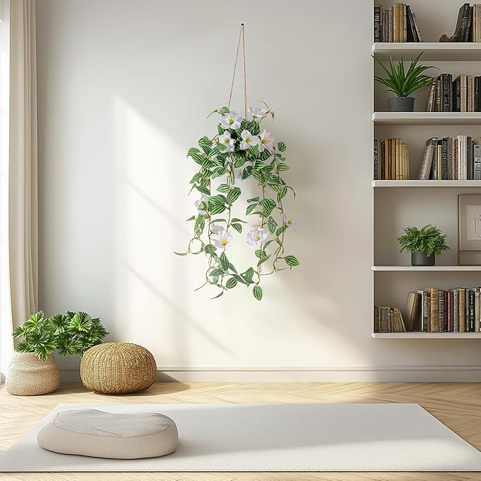 2PCS Artificial Hanging Plant with Pot Faux Hanging Plants Small Hanging Plants Pot with Artificial Vines and Flower Greenery Decoration for Living Room Wall Home Wall Shelf (Stripe White)
