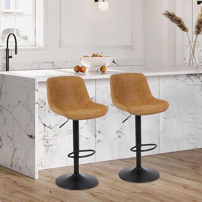 Bar Stools, Swivel Counter Height Barstools with Back, Adjustable Modern Bar Chairs, Tall Armless PU Leather Kitchen Island Stool (Yellow, Set of 2)