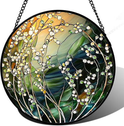 Stained Glass Suncatcher, Yellow Green Gradient Flower Sun Catcher Plants Stain Glass Window Hanging Decoration Mother's Day Birthday Gifts for Women Men Mom and Nana 6.3 in