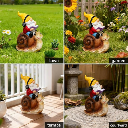 Ferrisland Garden Gnomes Snail Outdoor Figurines with Solar Lights, 10.4 inches Resin Solar Gnomes Decoration Yard Outdoor Garden, Patio Yard Lawn Birthday Housewarming Mother's Day（Gnome on Snail）