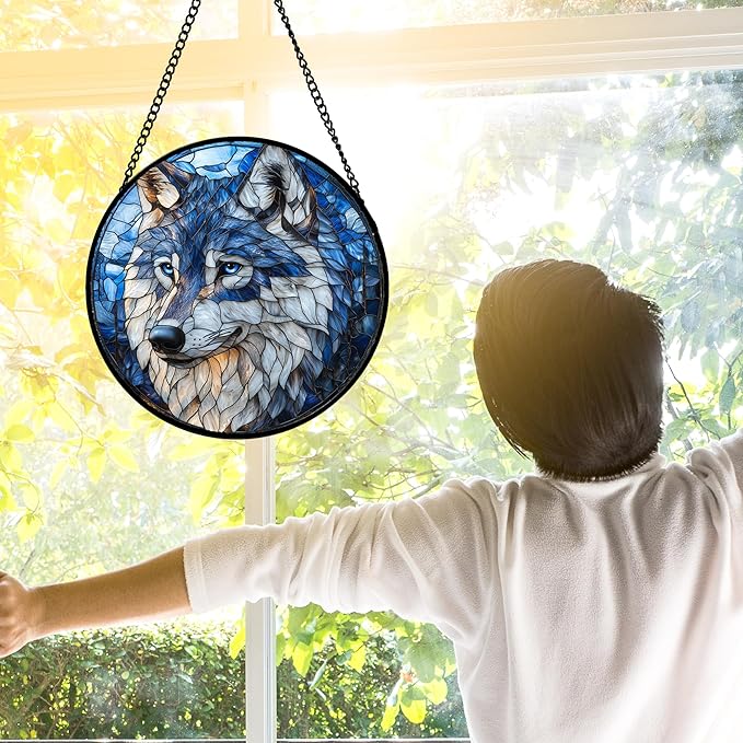 Stained Glass Window Hanging - Funny Wolf Suncatcher Ready to Hang Window Doors Home Decoration and Christmas, Mother's Day Birthday Gifts for Women, Men, and Mom 9.8x9.8 in