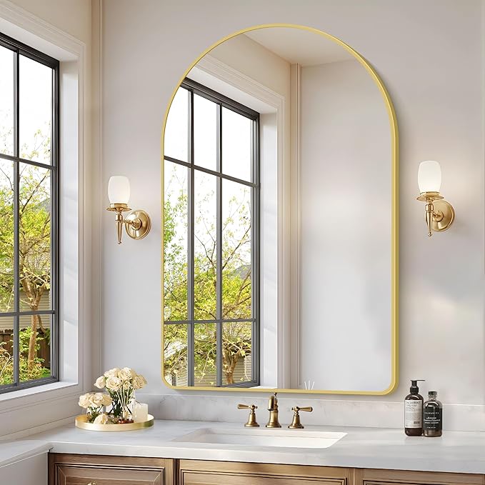 Arched Bathroom Mirror, 30"x48" Gold Arched Mirror for Bathroom, Wall Mounted Mirror, Gold Vanity Wall Mirror w/Metal Frame for Bedroom, Entryway, Living Room, Vertically Hanging