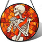 Stained Glass Window Hanging - Halloween Decorations Fear Skeleton Suncatcher for Doors Garden Indoor Spooky Funny Sun Catchers Gothic Decor Horror Gifts for Women Men Friend 11.8 in