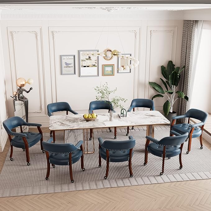 LEEMTORIG Large Dining Chairs with Casters and Arms, Rolling Dining Chairs with Wheels, Solid Wood Boss Caption's Chairs Office Desk Chairs, 26"D x 25.2"W x 31.5"H, Cherry Legs & Blue PU SY-1533-LB