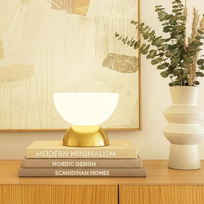 Brightech Lamina LED Table Lamp - Small 10 Inches Modern Bedroom Lamp - Bright Mini Reading Desk Lamp with Dimmable Warm Lighting for Bedside Table, Living Room, Office - Glass Lamp Shade, Gold/Brass