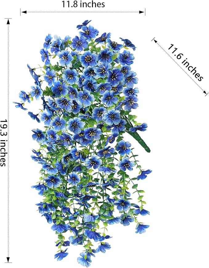 Artificial Faux Hanging Flowers Plant for Fall Outdoor Outside Decoration, 2 PCS Fake Silk Violets with Eucalyptus UV Resistant Realistic Daisy Trailing Vines for Balcony Yard Patio Porch Planter,Blue