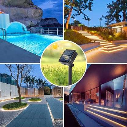 Solar LED Strip Lights Outdoor Solar Powered Rope Light Waterproof 10FT Cuttable Tape Lighting 3000K Warm White with 8 Modes for Fence, Outside, Stair, Step, Yard, Pool, 1 Pack