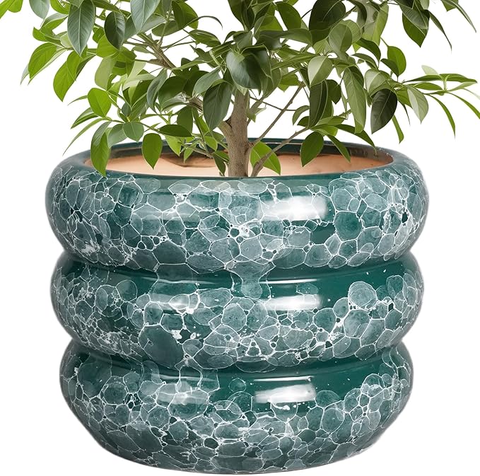 SQOWL Ceramic Planter for Indoor Plants - 10 Inch Plant Pot Indoor with Drainage Hole Large Pot for Plants Outdoor Flower Pot for Patio Decorations Outdoor Green