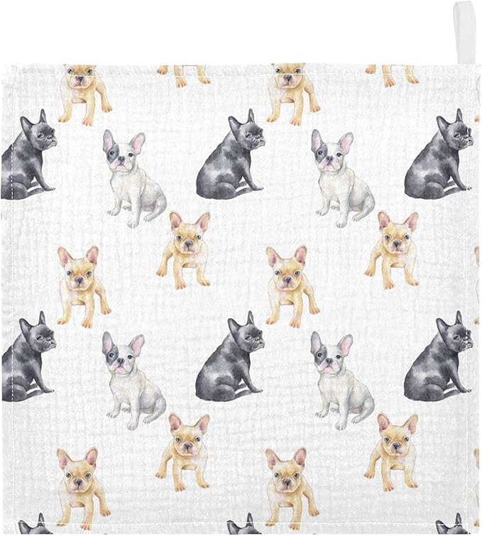 Baby Washcloths Cotton Pets French Bulldog Baby Muslin Washcloths Soft Baby Face Towel for Newborn Infants Baby Wipes, 11.8 X 11.8 Inch, 5 Pack