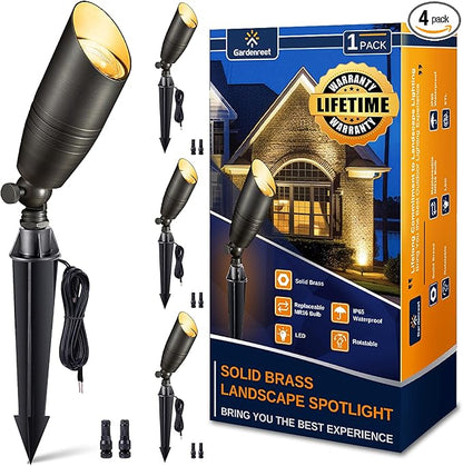 Gardenreet Brass Landscape Lighting - Low Voltage Spotlights Outdoor LED, 12V Wired Uplights, Waterproof Spot Lights, Antique Bronze for Outside Trees Without MR16 Bulb (4 Pack)