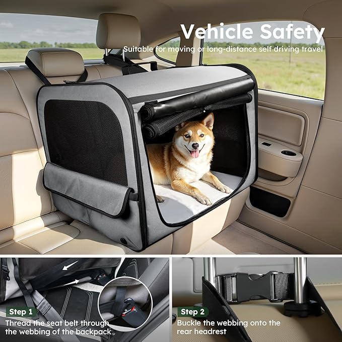 Large Dog Car Carrier Light Weight, 27×20.5×20.5ins Dog Carrier for Cars, Portable Dog Car Crate with Breathable Windows, Stable Pet Carrier for Both Indoor and Outdoor Use, Pet Travel Crate Gray