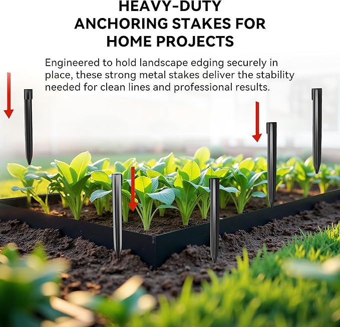 Metal Landscape Edging Stakes, 13Pcs 12Inch Galvanized Steel Garden Stakes Solid Top Curved Anchoring Spikes with Reinforcing Rib, for Corrugated Edge, Terrace Decor, Black