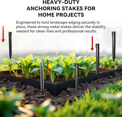 Metal Landscape Edging Stakes, 13Pcs 12Inch Galvanized Steel Garden Stakes Solid Top Curved Anchoring Spikes with Reinforcing Rib, for Corrugated Edge, Terrace Decor, Black