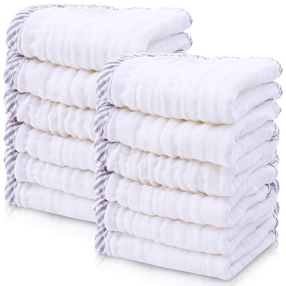 Cute Castle 12 Pack Muslin Baby Washcloths - Large 12'' by 12'' - Ultra Soft 100% Cotton - Super Absorbent Burp Cloths for Unisex, Boy, Girl -Stripe