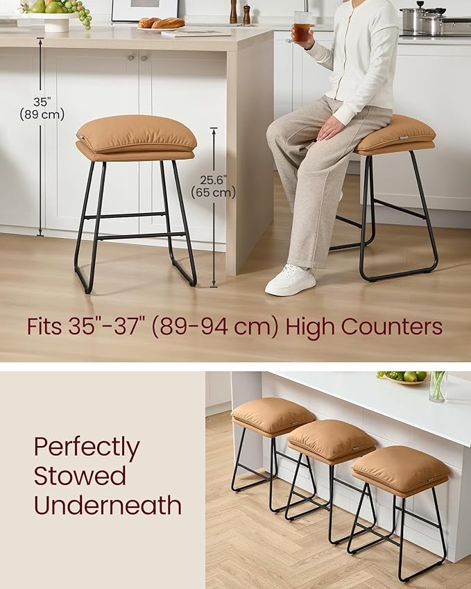 VASAGLE Bar Stools Set of 2, Counter Height Bar Stools, Leather Counter Stools Barstools with Soft Cushion and Metal Sled Legs, 25.6 Inches Bar Height Bar Chairs for Kitchen Island, Caramel Brown