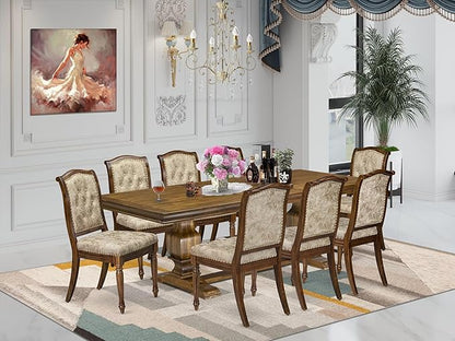LKMA9-AWA-36 9 Pieces Dining Table Set Includes a Rectangular Dining Table and 8 Light Beige Polyester Fabric Dining Room Chairs, Antique Walnut Finish