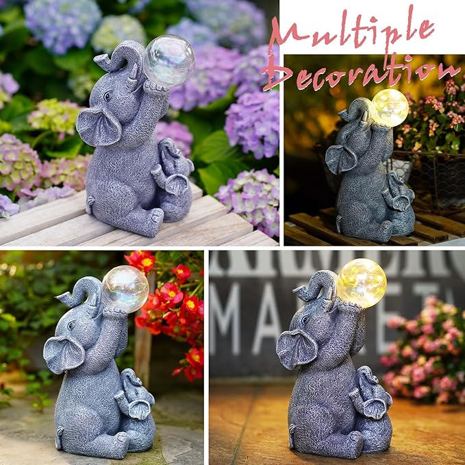 Solar Elephants Outdoor Garden Statues: Outside Decor with Lights Clearance for Yard Art Lawn Ornaments Porch Patio Balcony Home House - Birthday Gifts for Grandma Mom Women