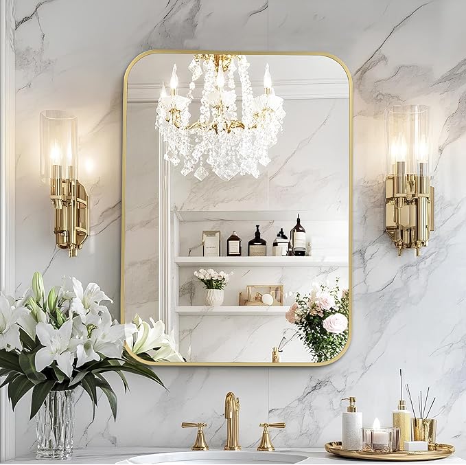 MZON 30x36 Inch Large Brushed Gold Vanity Mirror, Rectangle Bathroom Mirrors for Over Sink, Anti-Rust Frame & Tempered Glass, Hangs Both Ways - Perfect for Luxe Living Room or Bathroom Wall Decor