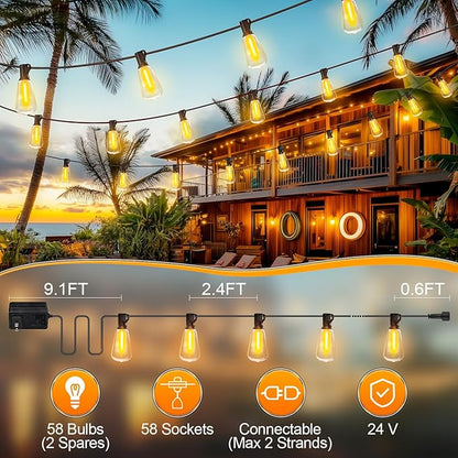 Outdoor String Led Patio Lights - 150Ft 45M Outside Waterproof Light With Remote Dimmable ST38 Shatterproof Bulb Connectable Hanging Outdoor Electric Lighting For Backyard Yard Gazebo Porch Party