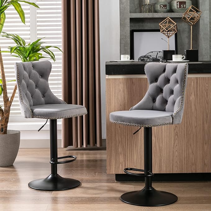PacknWood Acosure Swivel Velvet Barstools Adjusatble Seat Height from 25-33" with 17.7" Base and Backs Comfortable Tufted,Modern Upholstered Bar Chairs for Home Pub Kitchen,Gray,Set of 2